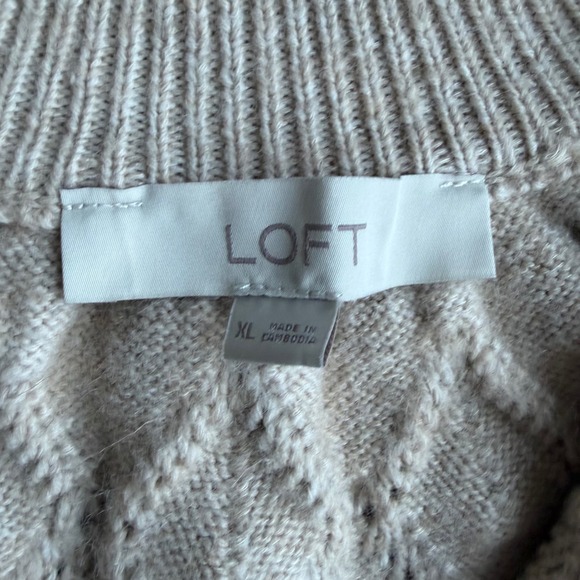 LOFT Cozy XL Fair Isle Quarter Zip Sweater Oatmeal Beige Burgundy Cable Knit - Picture 2 of 5